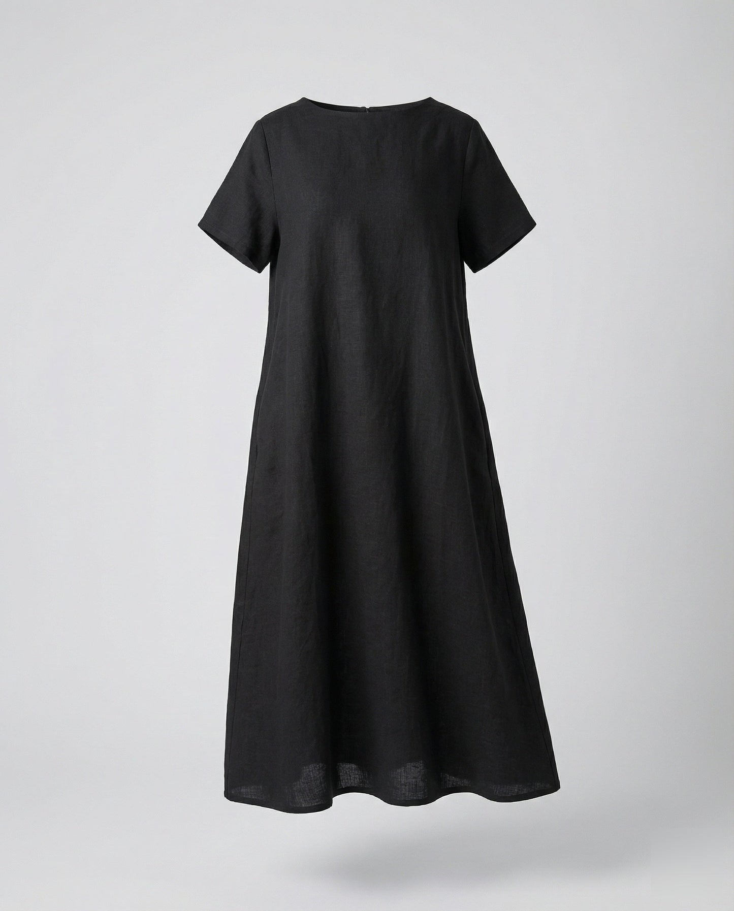 Women's Linen Blend Midi Dress Ship Neckline - Black colorway