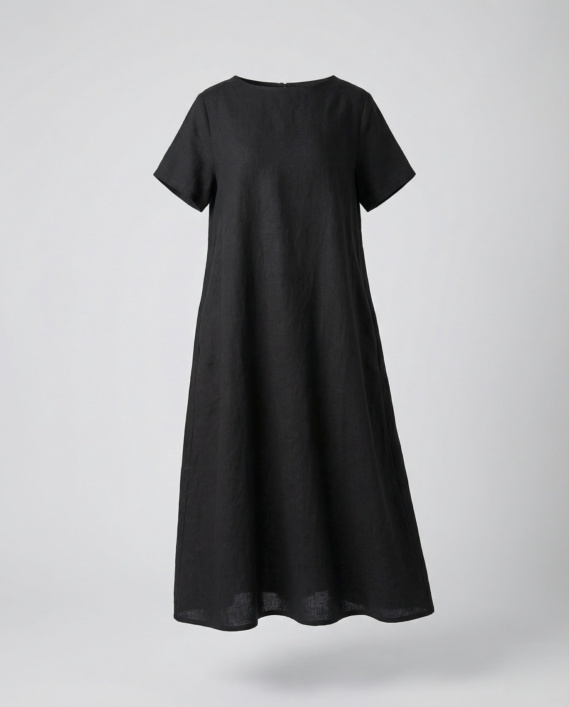Women's Linen Blend Midi Dress Ship Neckline - Black colorway