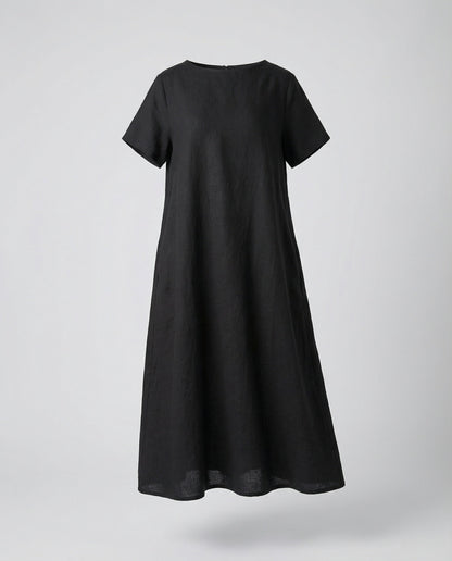 Women's Linen Blend Midi Dress Ship Neckline - Black colorway