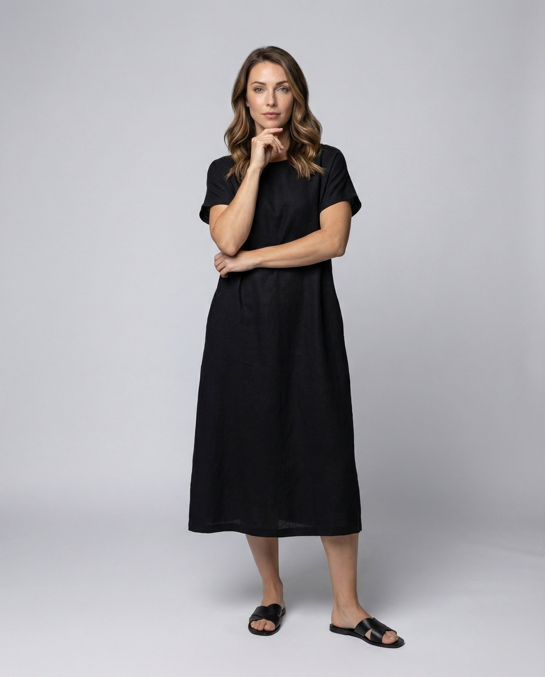 Women's Linen Blend Midi Dress Ship Neckline - front view