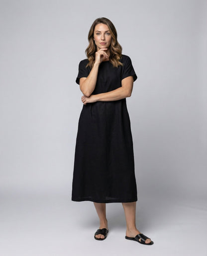 Women's Linen Blend Midi Dress Ship Neckline - front view