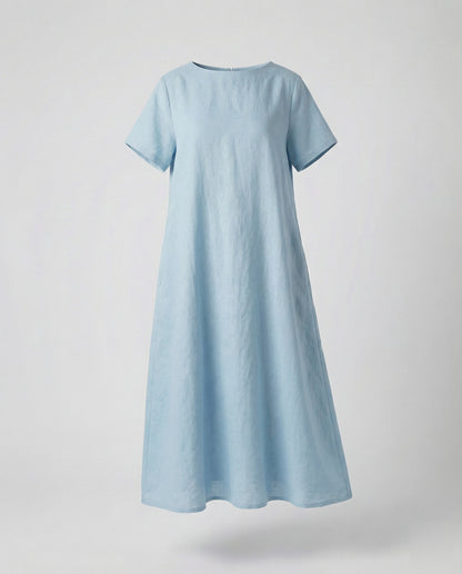 Women's Linen Blend Midi Dress Ship Neckline - Light Blue colorway