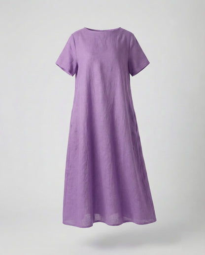 Women's Linen Blend Midi Dress Ship Neckline - Lilac colorway