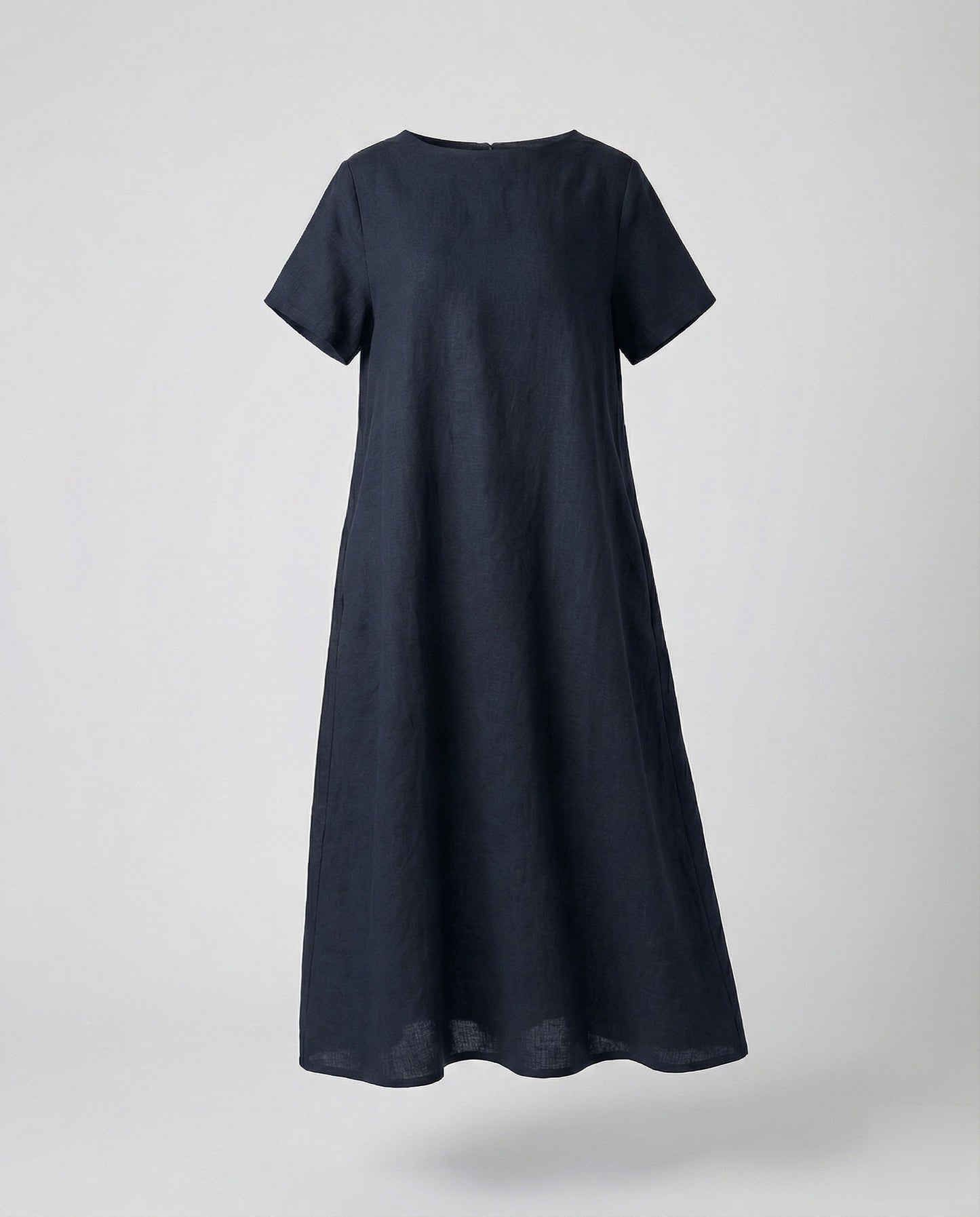 Women's Linen Blend Midi Dress Ship Neckline - Navy Blue colorway