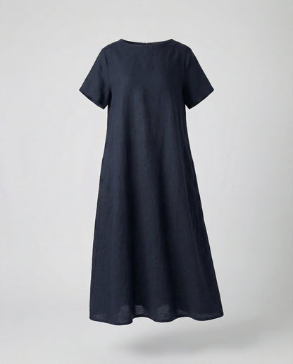 Women's Linen Blend Midi Dress Ship Neckline - Navy Blue colorway