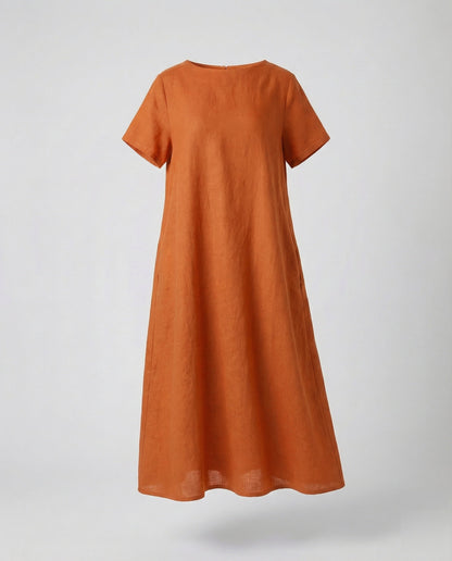 Women's Linen Blend Midi Dress Ship Neckline - Orange colorway