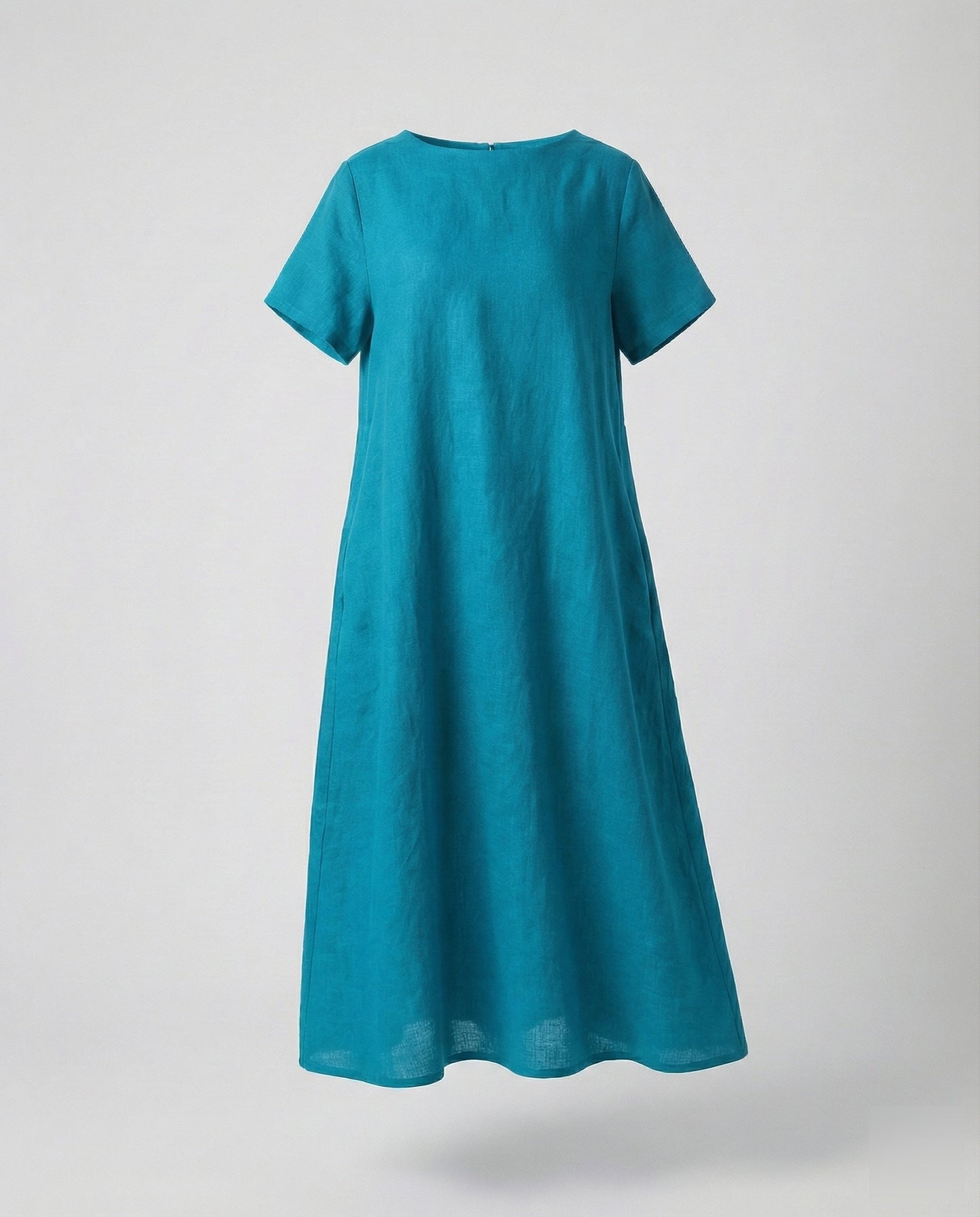 Women's Linen Blend Midi Dress Ship Neckline - Peacock Blue colorway