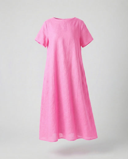 Women's Linen Blend Midi Dress Ship Neckline - Pink colorway
