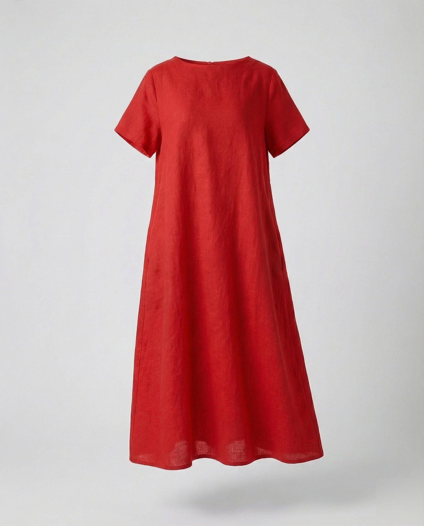 Women's Linen Blend Midi Dress Ship Neckline - Red colorway