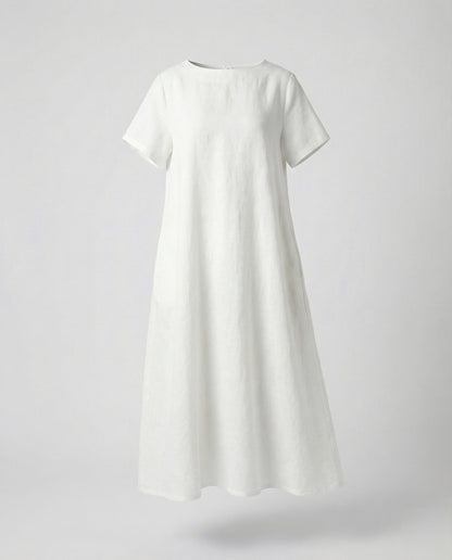 Women's Linen Blend Midi Dress Ship Neckline - White colorway