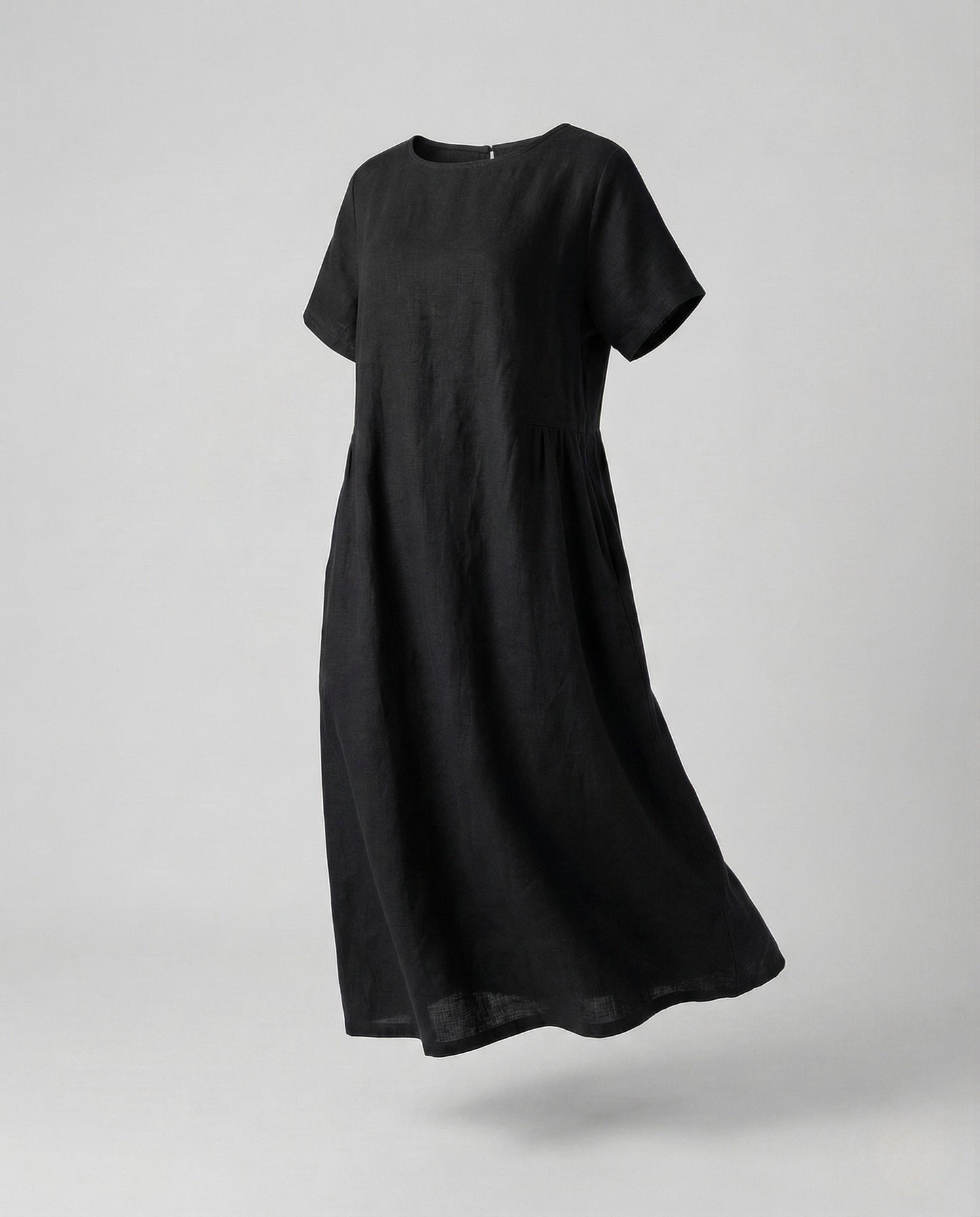 Women's Linen Cotton Midi Dress with Pockets - Black colorway
