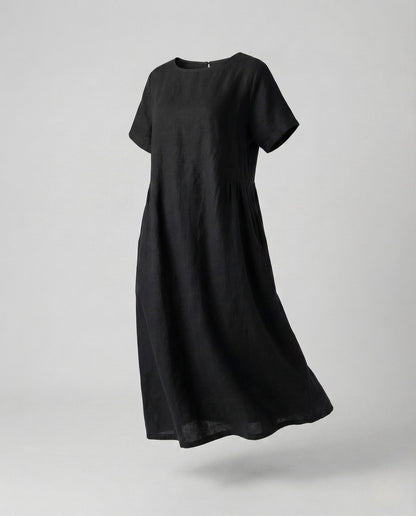 Women's Linen Cotton Midi Dress with Pockets - Black colorway
