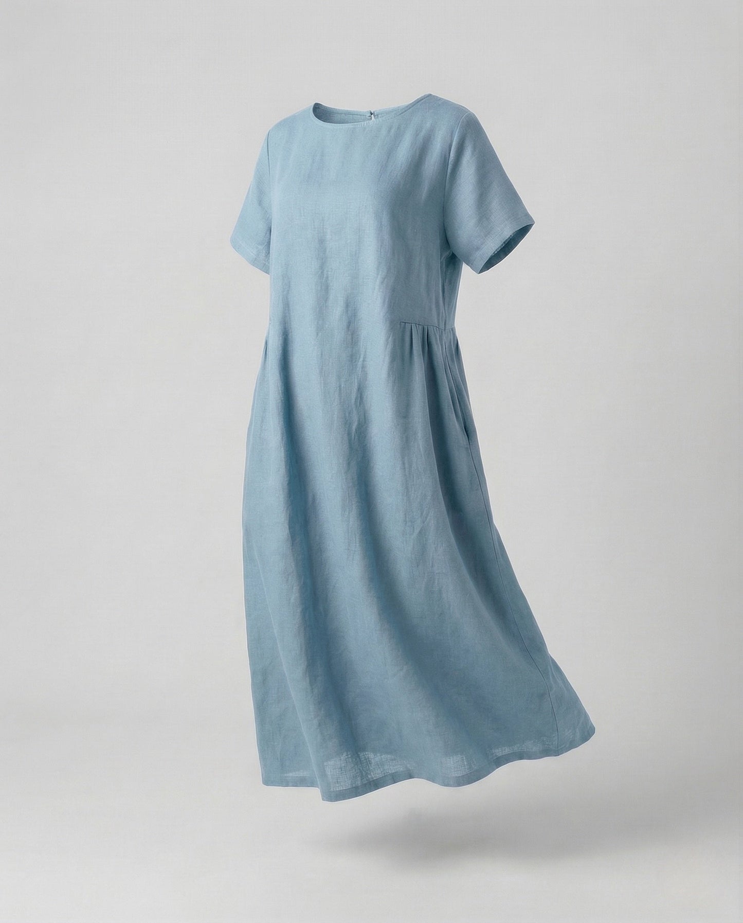 Women's Linen Cotton Midi Dress with Pockets - Light Blue colorway