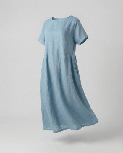 Women's Linen Cotton Midi Dress with Pockets - Light Blue colorway