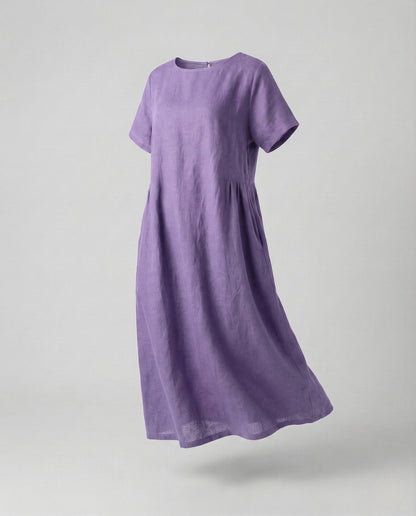 Women's Linen Cotton Midi Dress with Pockets - Lilac colorway