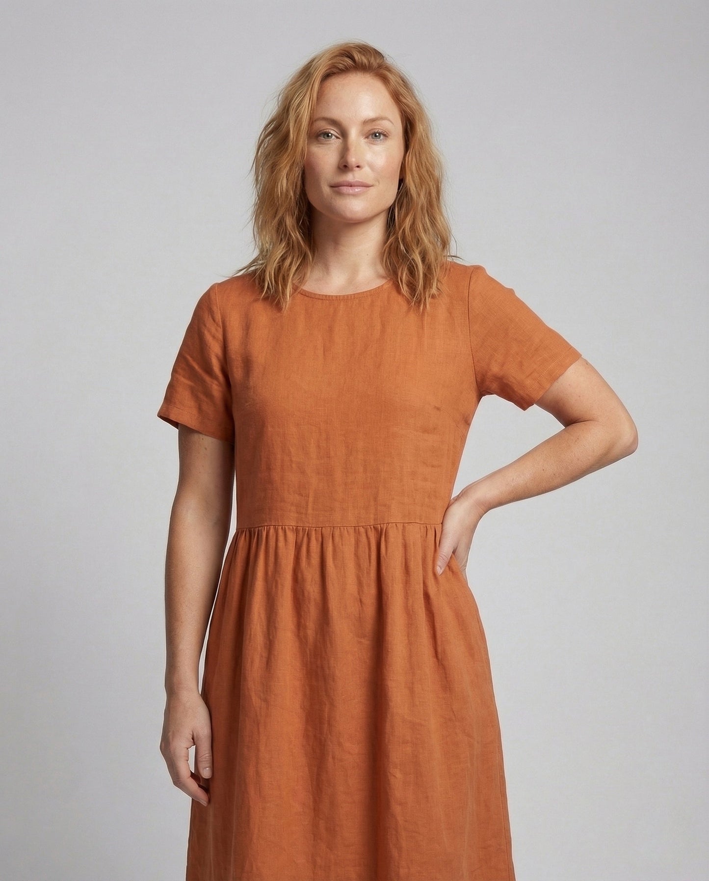 Women's Linen Cotton Midi Dress with Pockets - upper body detail