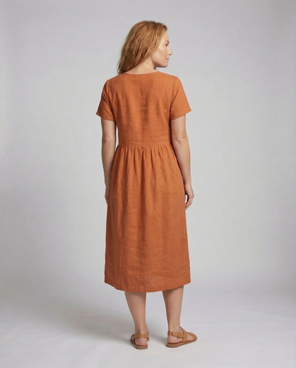Women's Linen Cotton Midi Dress with Pockets - back view