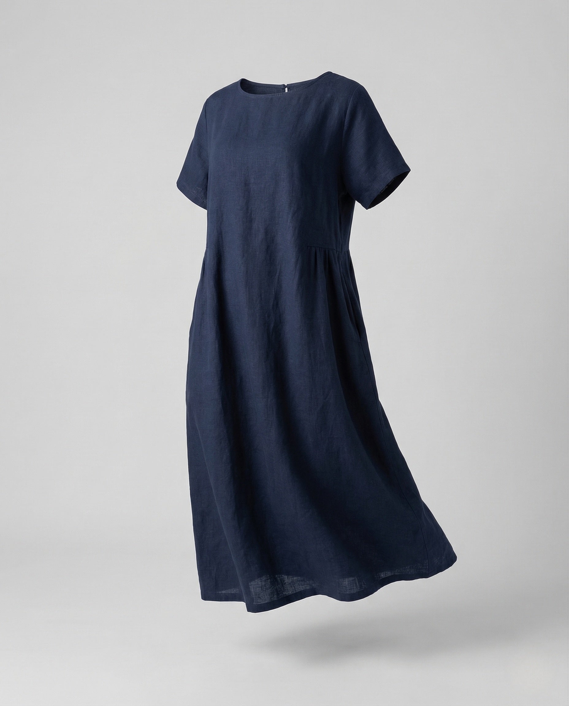 Women's Linen Cotton Midi Dress with Pockets - Navy Blue colorway