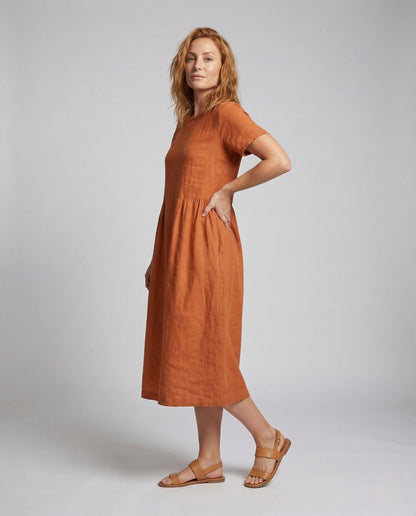 Women's Linen Cotton Midi Dress with Pockets - front view