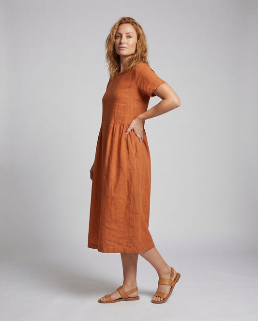Women's Linen Cotton Midi Dress with Pockets - front view