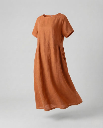 Women's Linen Cotton Midi Dress with Pockets - Orange colorway