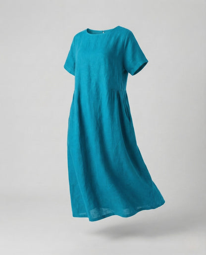 Women's Linen Cotton Midi Dress with Pockets - Peacock Blue colorway