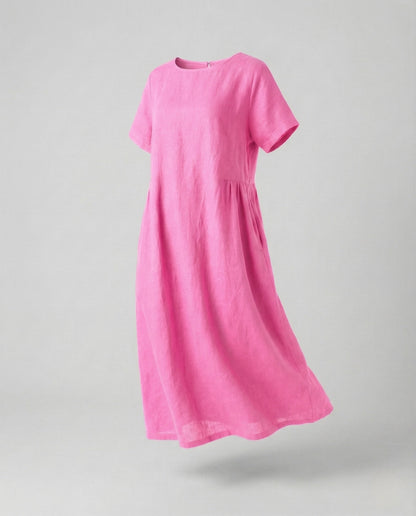 Women's Linen Cotton Midi Dress with Pockets - Pink colorway