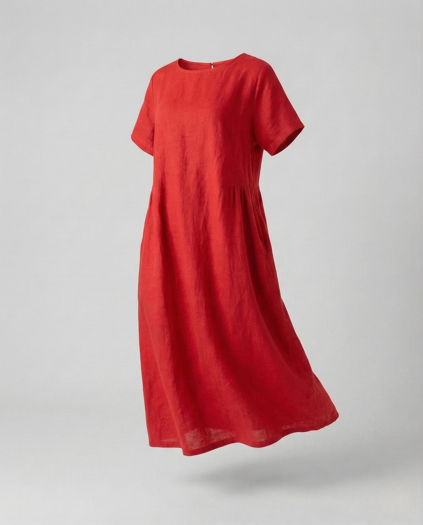 Women's Linen Cotton Midi Dress with Pockets - Red colorway