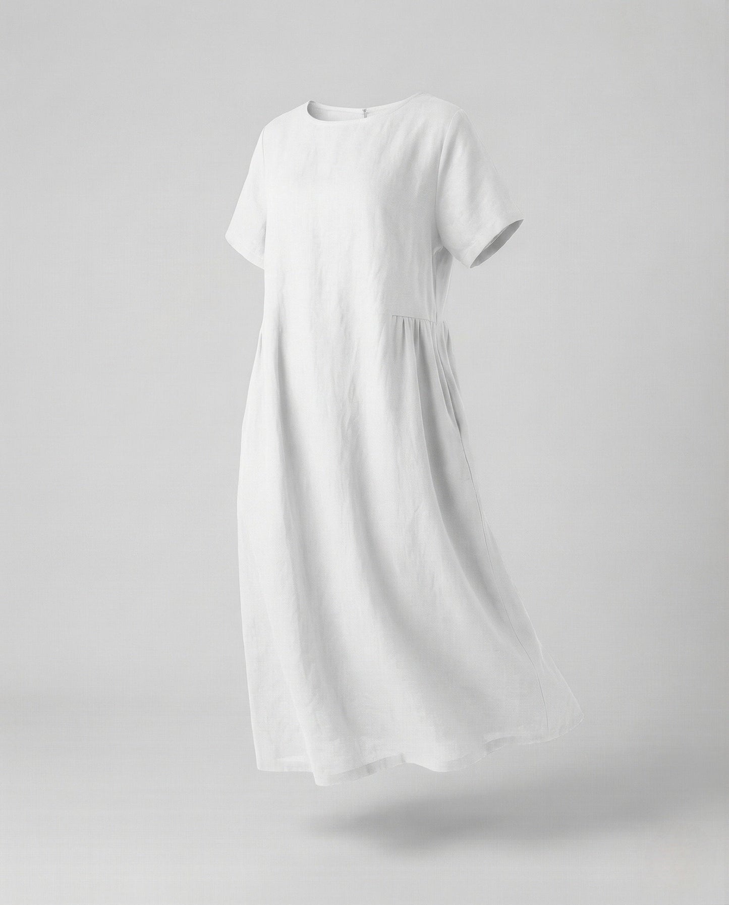 Women's Linen Cotton Midi Dress with Pockets - White colorway
