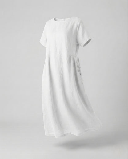 Women's Linen Cotton Midi Dress with Pockets - White colorway