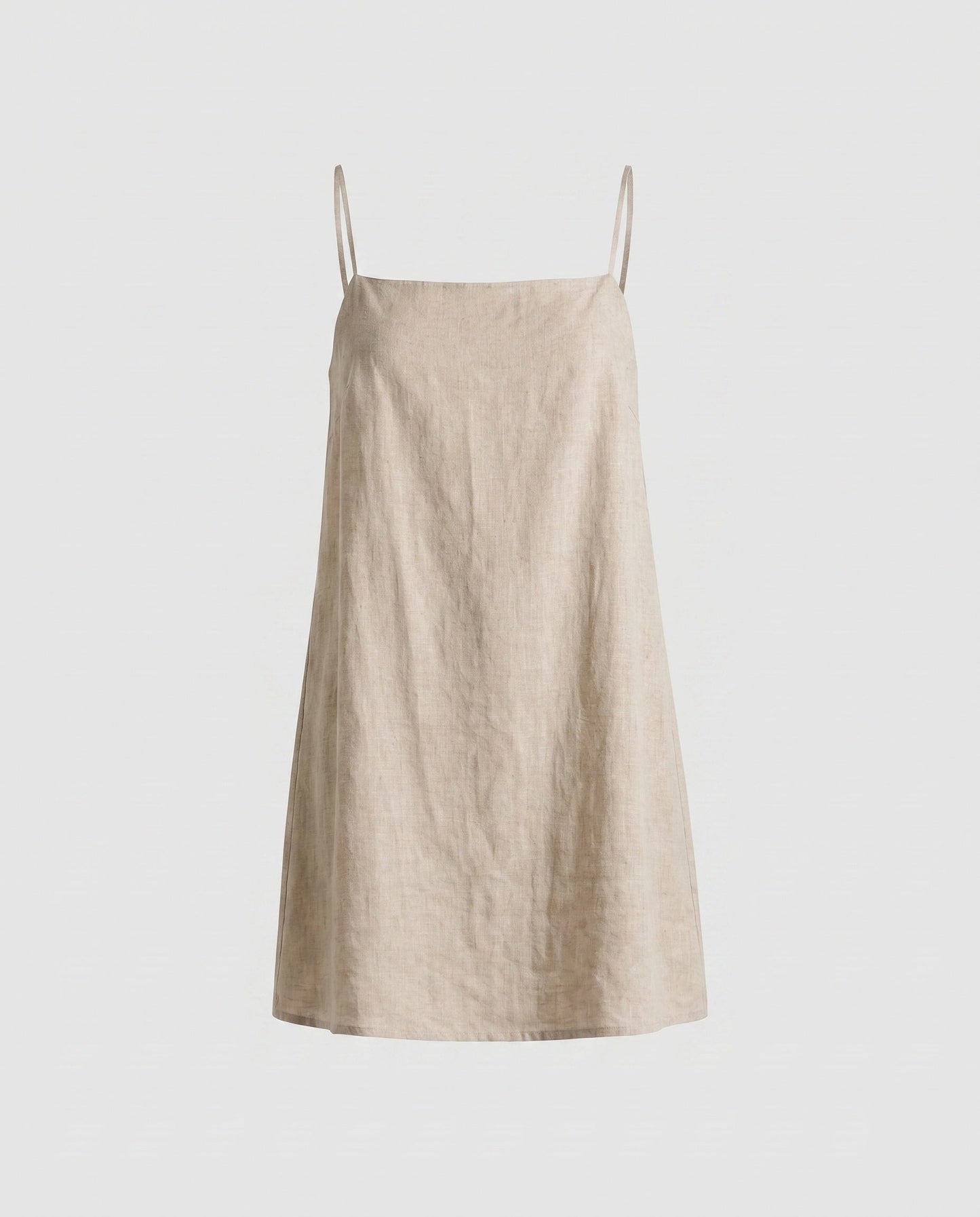 Women's Linen Mini Dress with Narrow Spaghetti Straps and Minimalist Silhouette - Apricot colorway