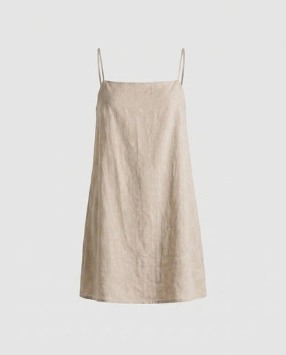 Women's Linen Mini Dress with Narrow Spaghetti Straps and Minimalist Silhouette - Apricot colorway