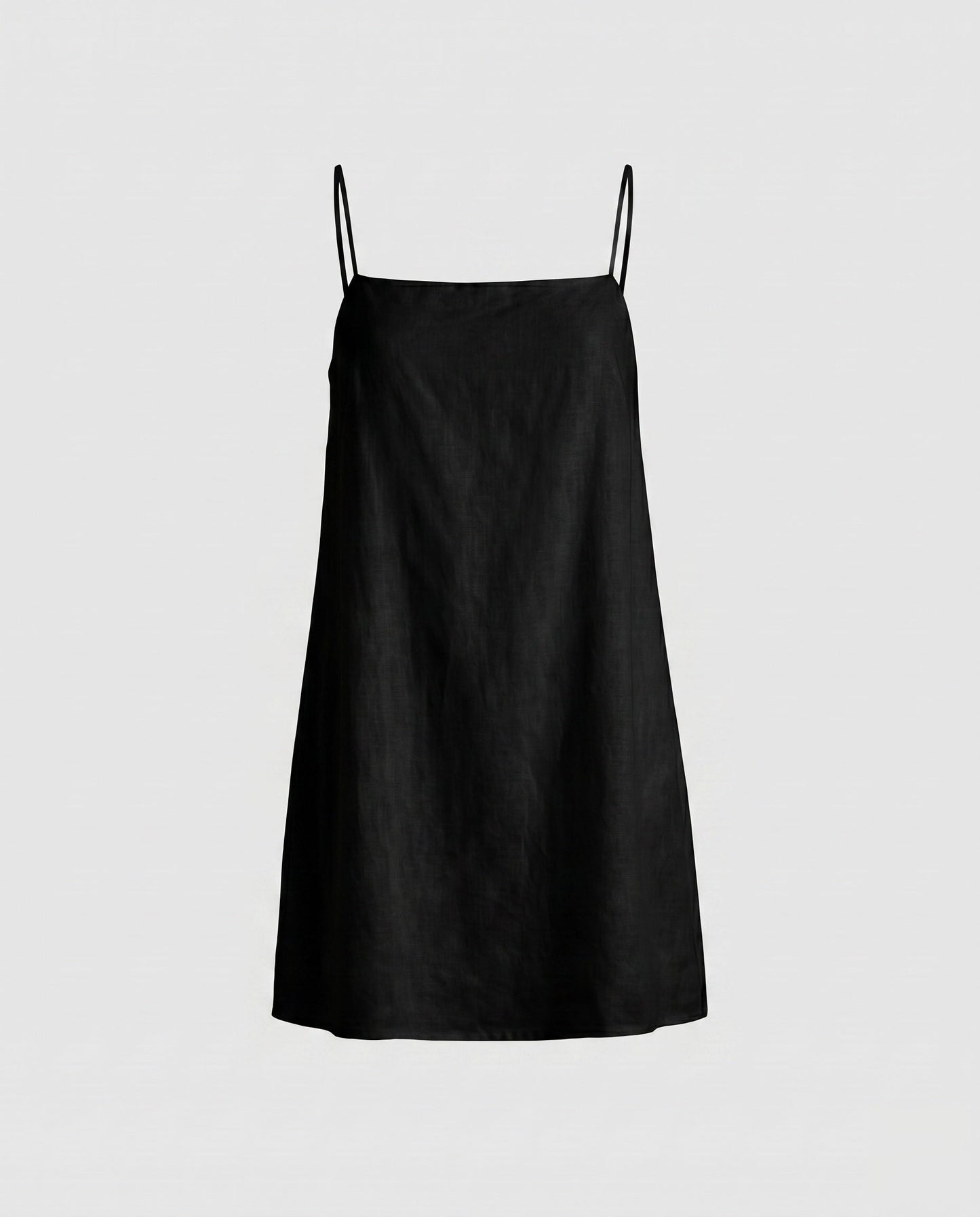 Women's Linen Mini Dress with Narrow Spaghetti Straps and Minimalist Silhouette - Black colorway