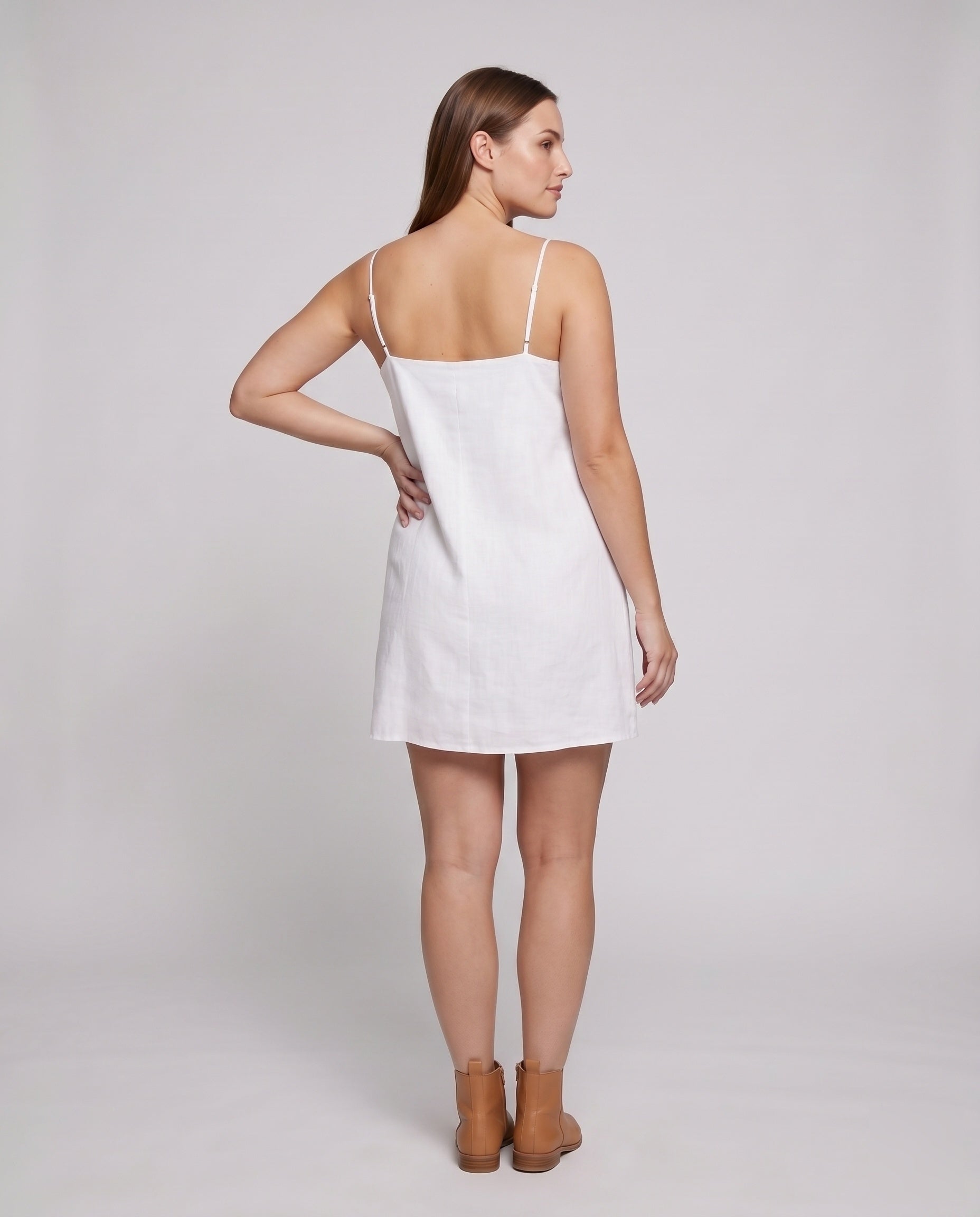 Women's Linen Mini Dress with Narrow Spaghetti Straps and Minimalist Silhouette - back view