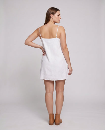 Women's Linen Mini Dress with Narrow Spaghetti Straps and Minimalist Silhouette - back view