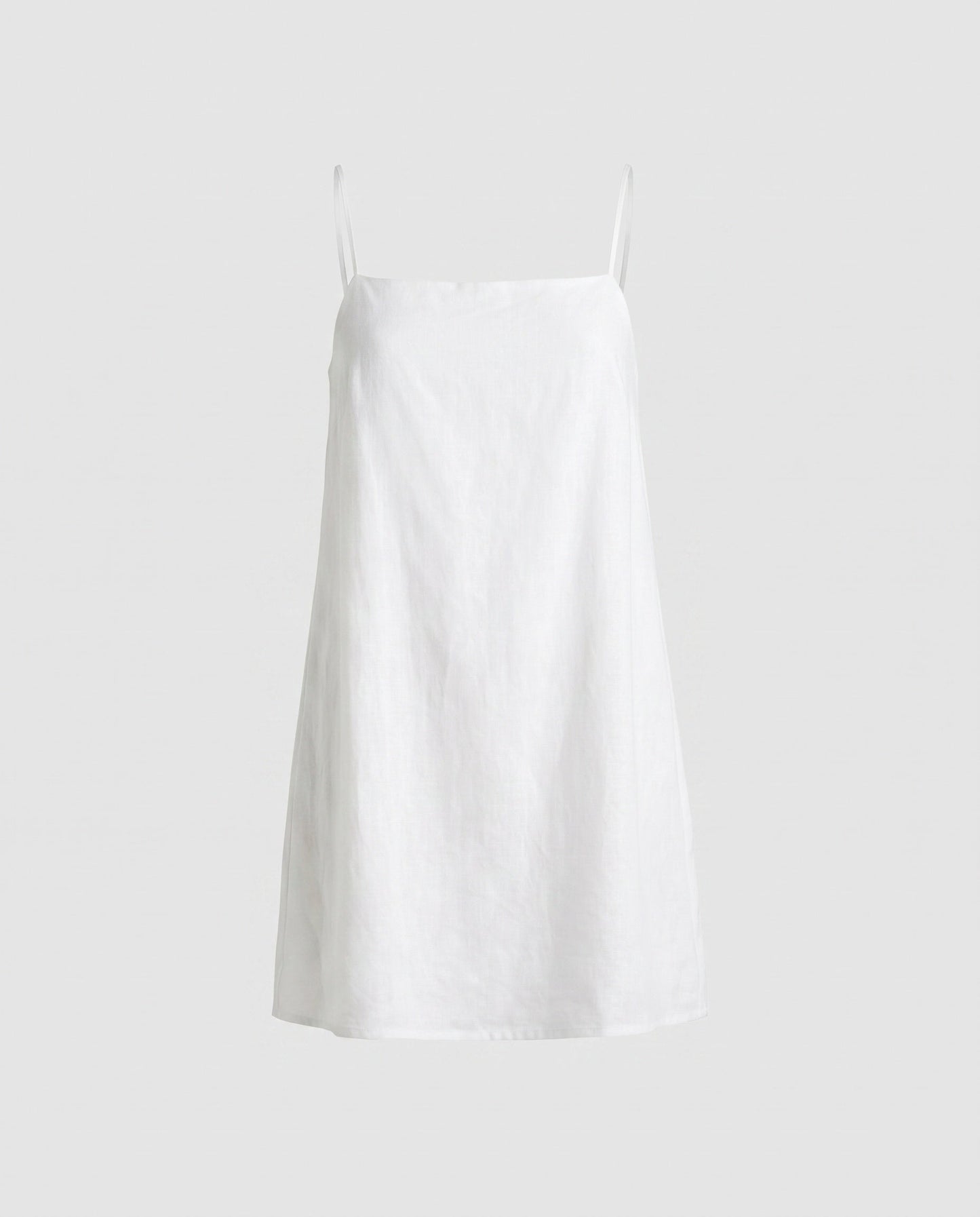 Women's Linen Mini Dress with Narrow Spaghetti Straps and Minimalist Silhouette - White colorway