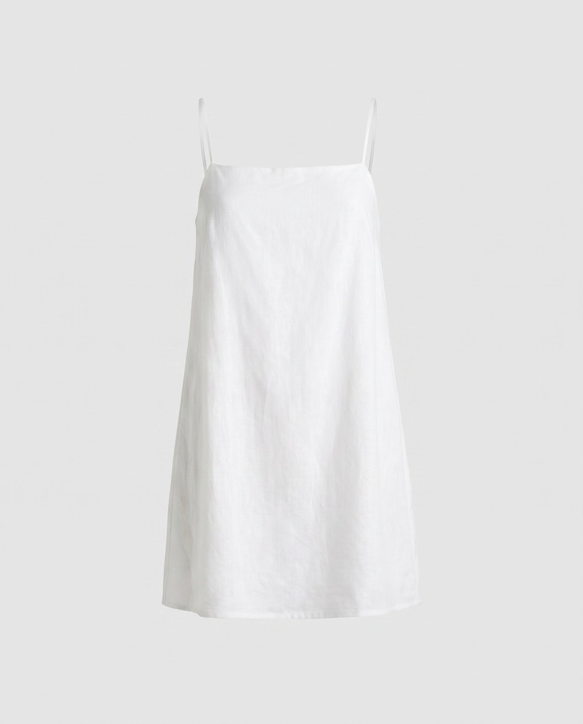 Women's Linen Mini Dress with Narrow Spaghetti Straps and Minimalist Silhouette - White colorway
