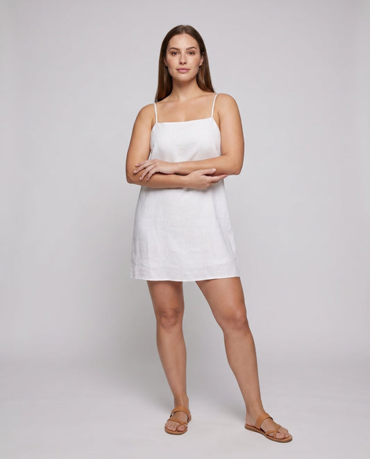 Women's Linen Mini Dress with Narrow Spaghetti Straps and Minimalist Silhouette - front view