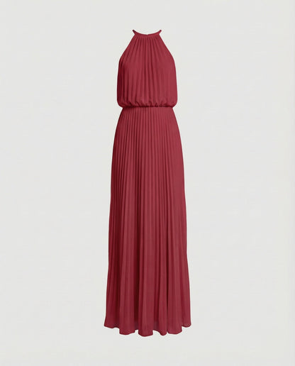 Women's Long Pleated Gala Maxi Dress - Wine Red colorway