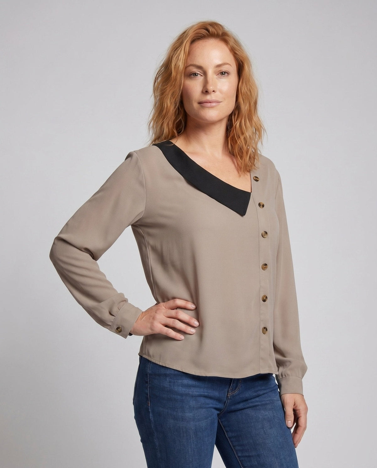 Women's long sleeve blouse with asymmetric collar and decorative buttons - Chichicherry