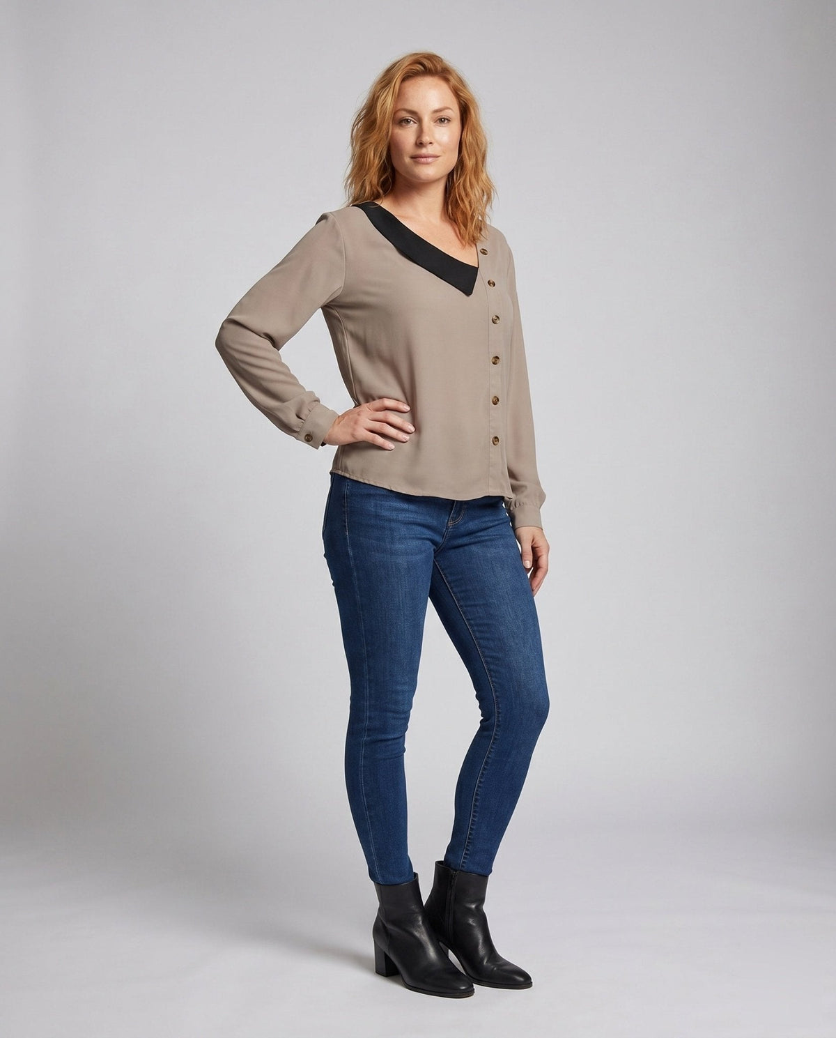 Women's long sleeve blouse with asymmetric collar and decorative buttons - Chichicherry
