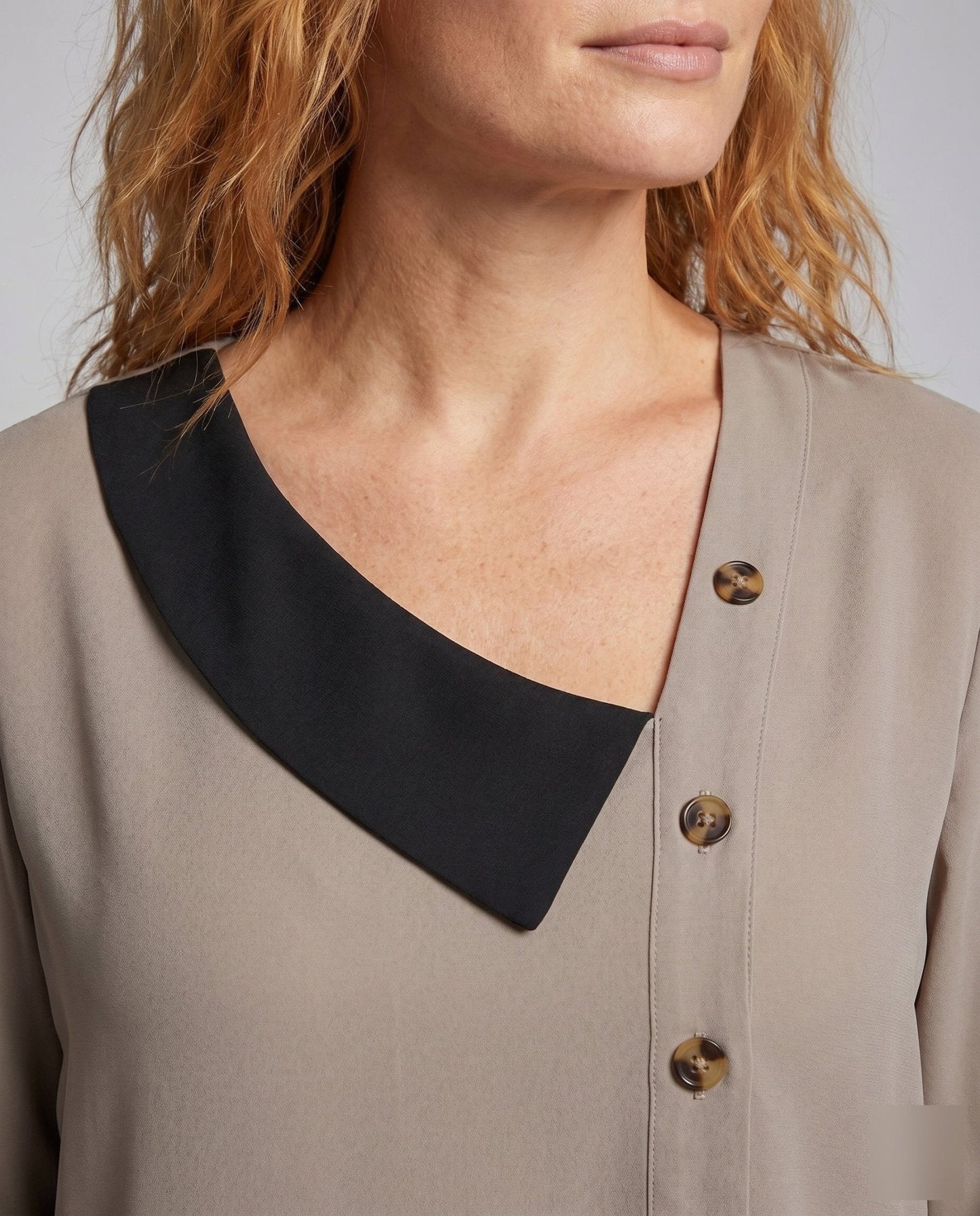 Women's long sleeve blouse with asymmetric collar and decorative buttons - Chichicherry
