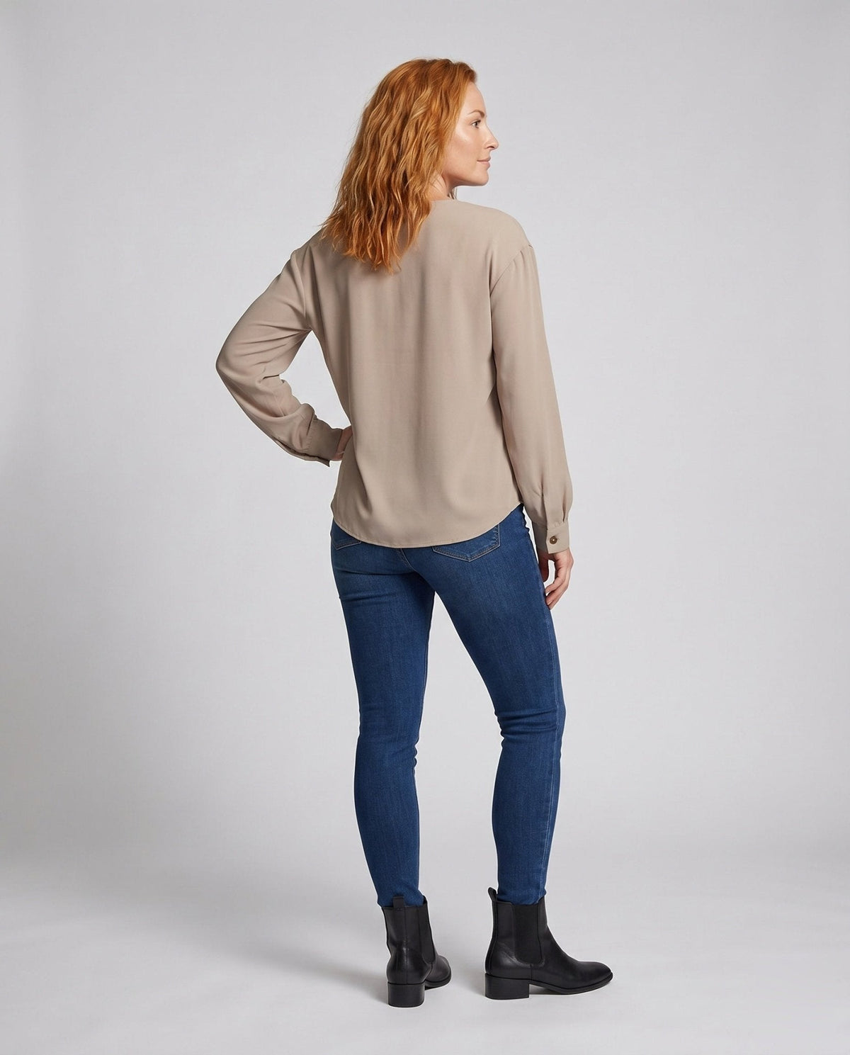 Women's long sleeve blouse with asymmetric collar and decorative buttons - Chichicherry
