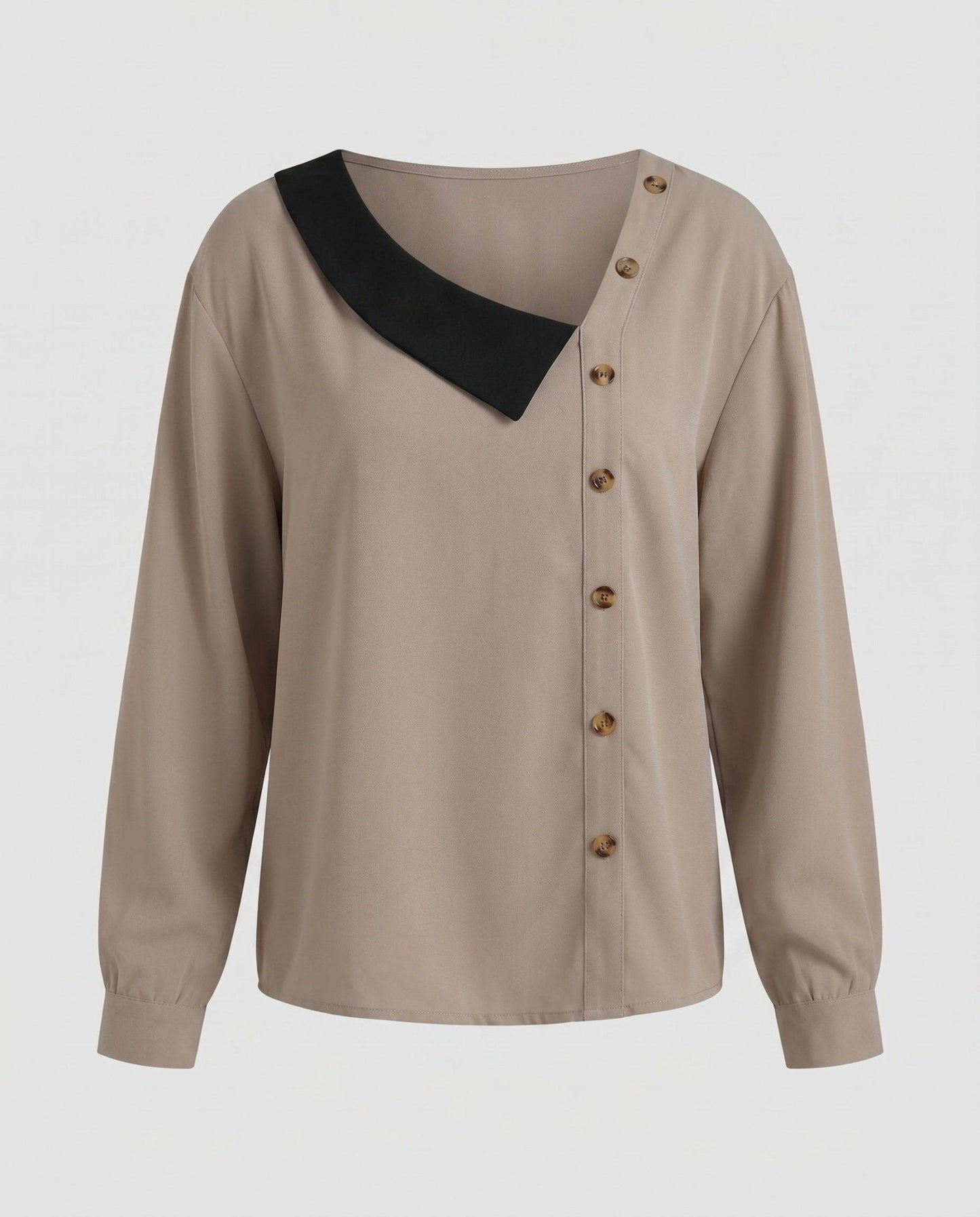 Women's long sleeve blouse with asymmetric collar and decorative buttons - Chichicherry