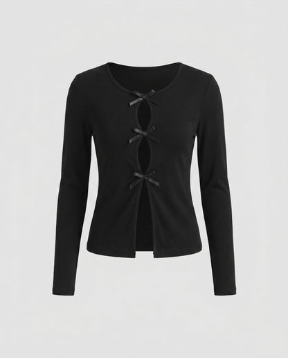 Women's long sleeve blouse with decorative bows and sophisticated button placket - Chichicherry
