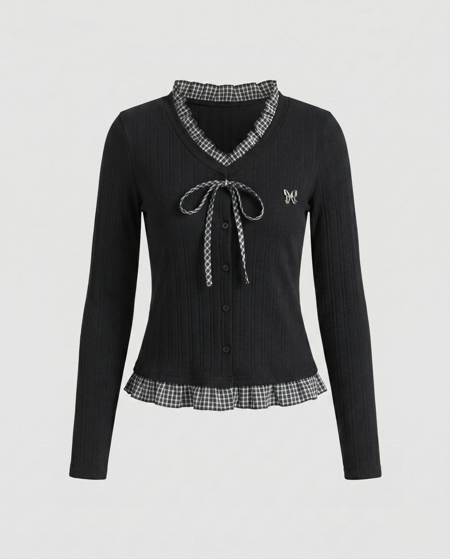 Women's long sleeve blouse with playful ruffled hem and decorative loop design - Chichicherry