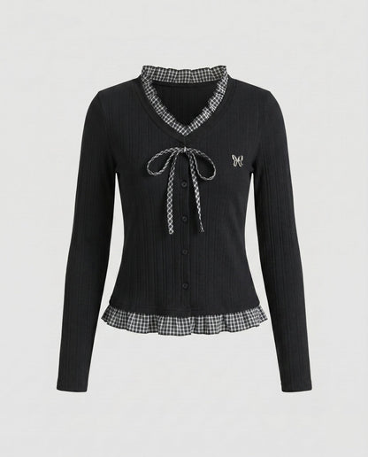 Women's long sleeve blouse with playful ruffled hem and decorative loop design - Chichicherry
