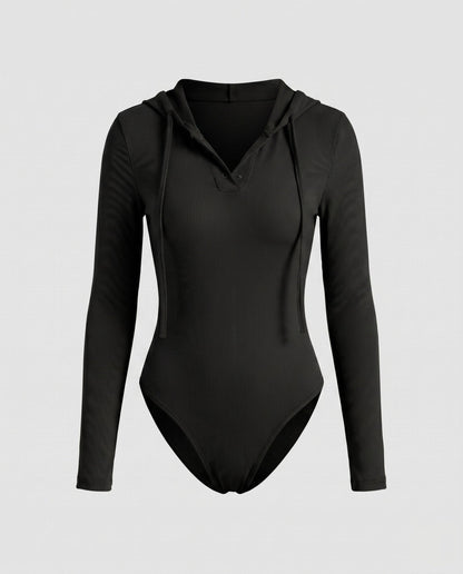 Women's Long Sleeve Bodysuit with Hood and Button Placket - Chichicherry