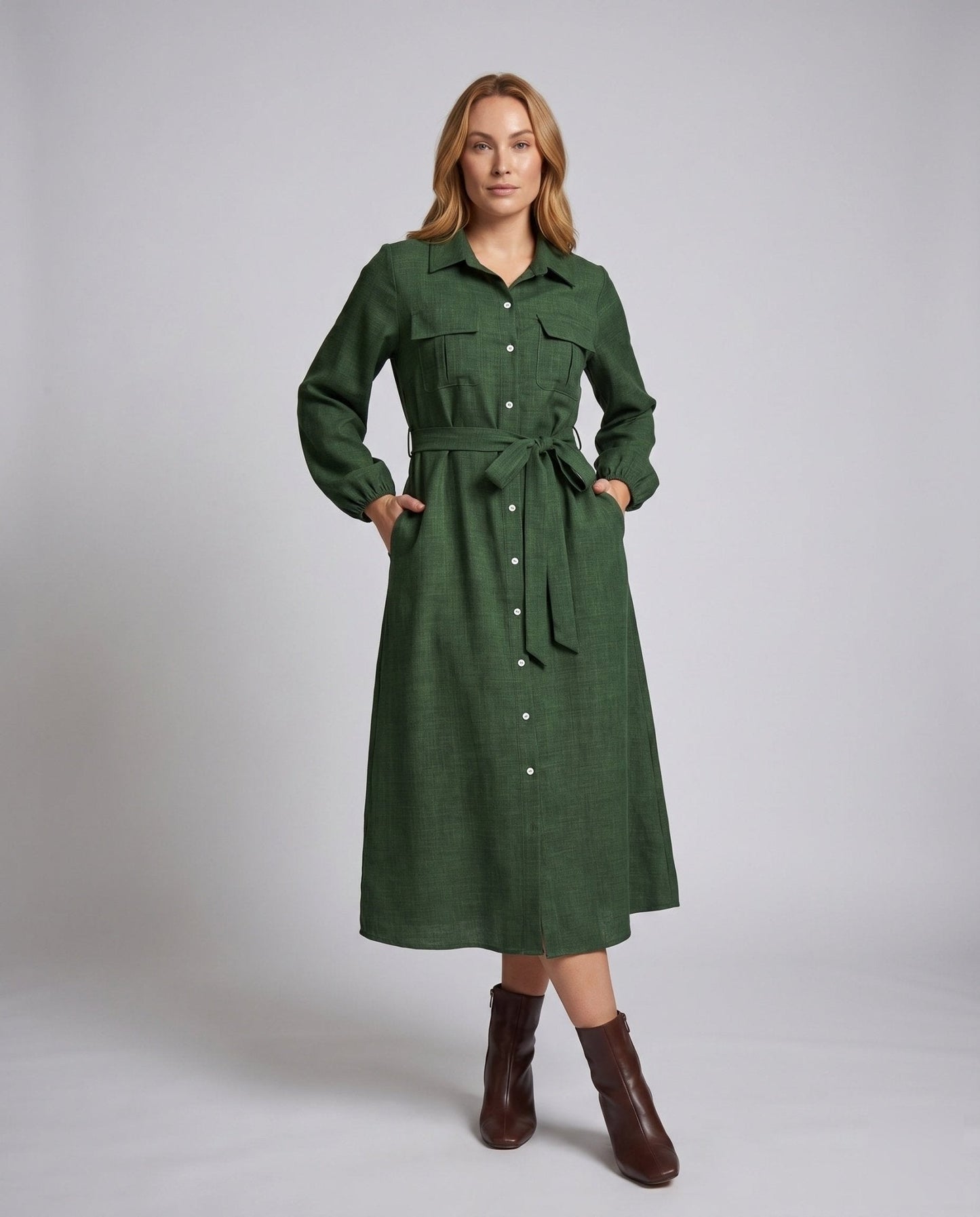 Women’s Long Sleeve Shirt Dress with Fitted Ties Belt - Chichicherry