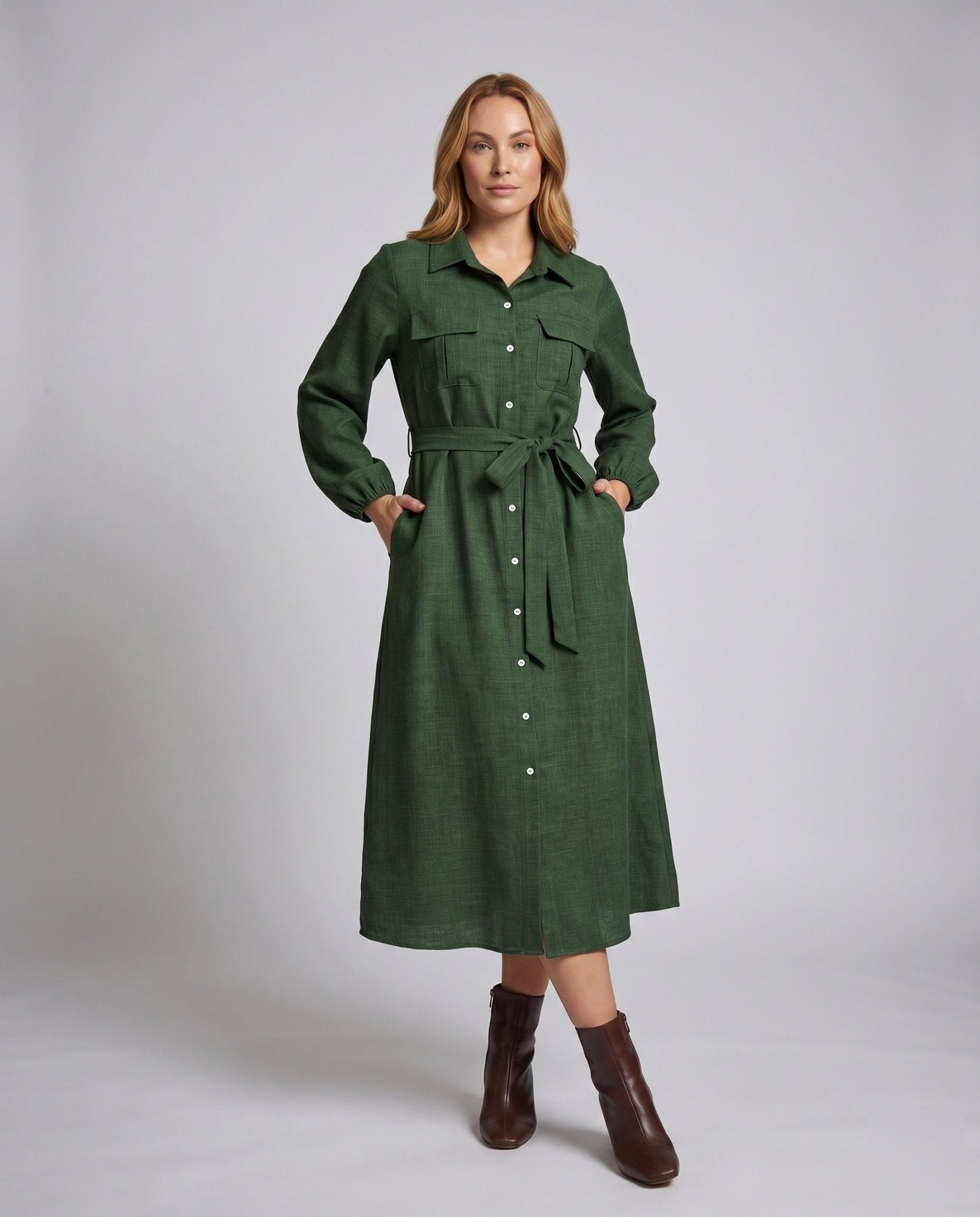 Women’s Long Sleeve Shirt Dress with Fitted Ties Belt - Chichicherry